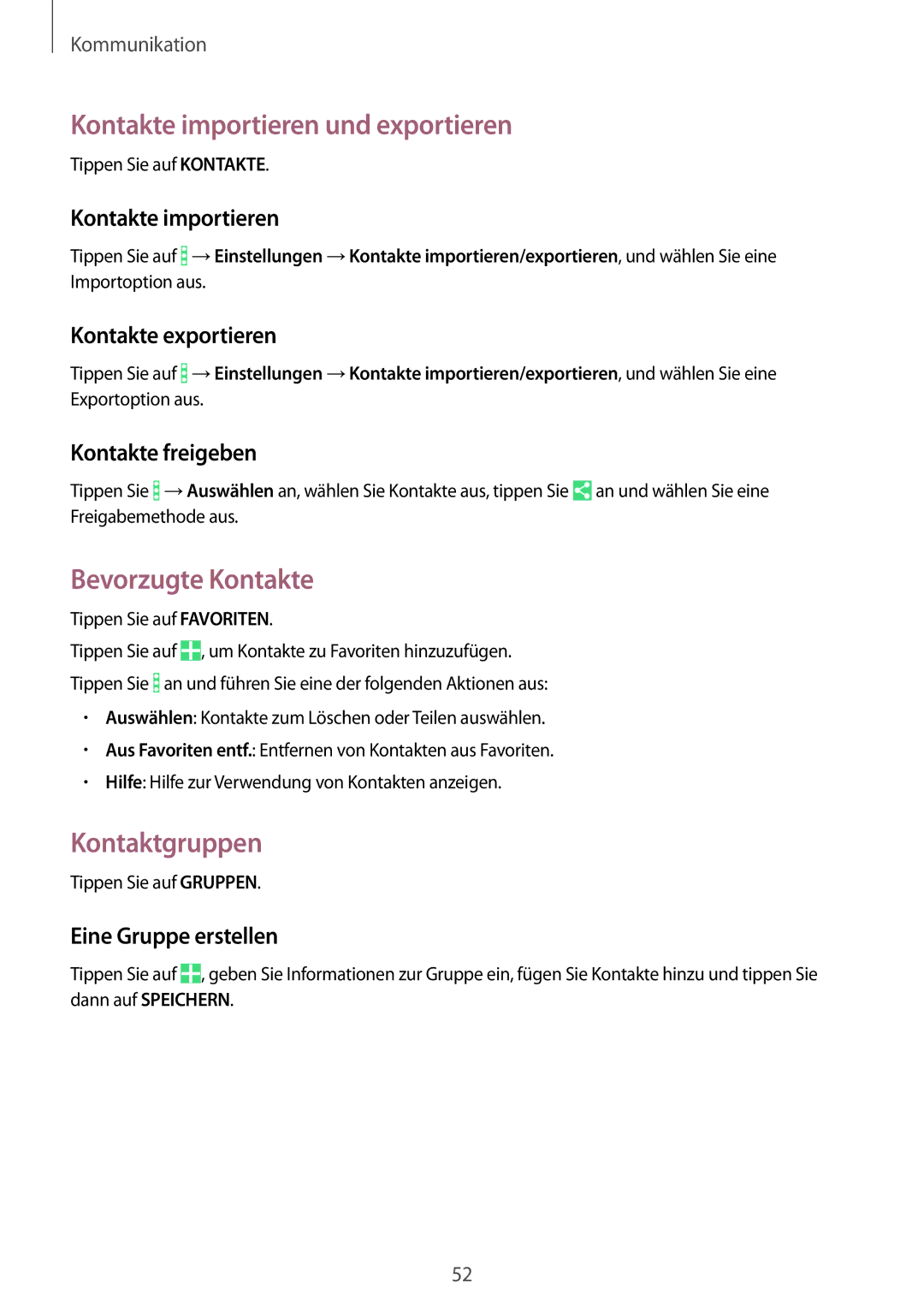 Samsung SM-T365NNGABTU, SM-T365NNGAATO manual Kontakte importieren und exportieren, Bevorzugte Kontakte, Kontaktgruppen 