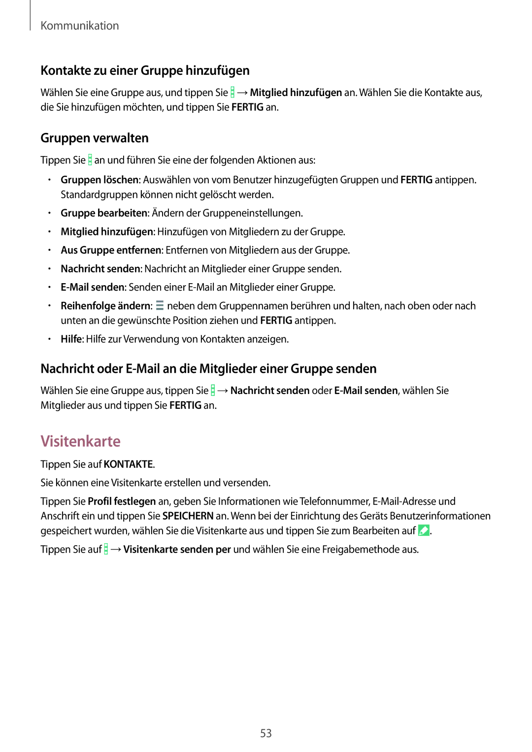 Samsung SM-T365NNGAEUR, SM-T365NNGAATO, SM-T365NNGATUR Visitenkarte, Kontakte zu einer Gruppe hinzufügen, Gruppen verwalten 