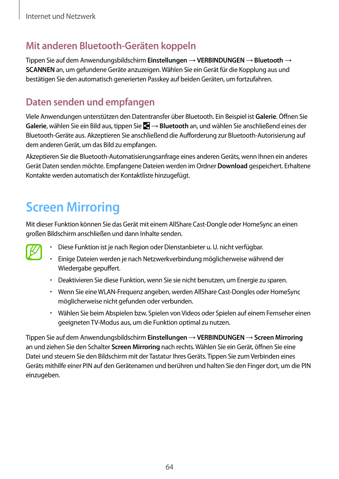 Samsung SM-T365NNGABTU, SM-T365NNGAATO Screen Mirroring, Mit anderen Bluetooth-Geräten koppeln, Daten senden und empfangen 