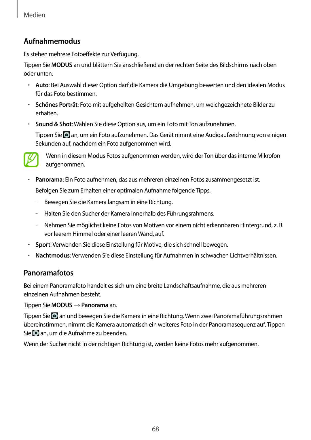 Samsung SM-T365NNGADBT, SM-T365NNGAATO, SM-T365NNGATUR, SM-T365NNGASEB, SM-T365NNGABTU manual Aufnahmemodus, Panoramafotos 