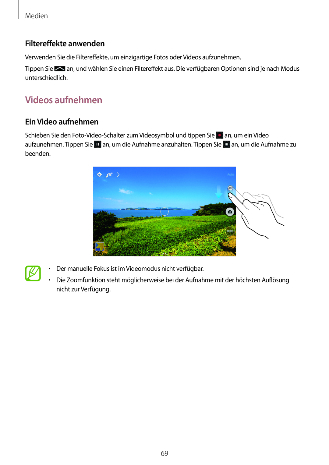 Samsung SM-T365NNGASEB, SM-T365NNGAATO, SM-T365NNGATUR manual Videos aufnehmen, Filtereffekte anwenden, Ein Video aufnehmen 