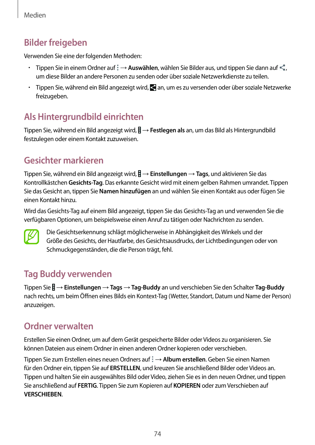 Samsung SM-T365NNGADBT manual Bilder freigeben, Als Hintergrundbild einrichten, Gesichter markieren, Tag Buddy verwenden 