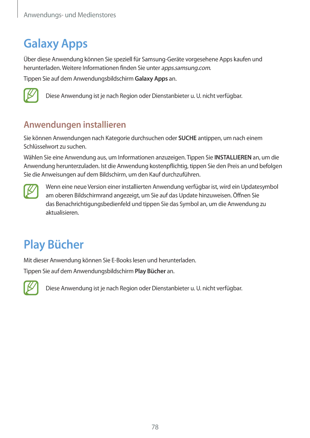 Samsung SM-T365NNGAATO, SM-T365NNGATUR, SM-T365NNGADBT, SM-T365NNGASEB, SM-T365NNGABTU manual Galaxy Apps, Play Bücher 