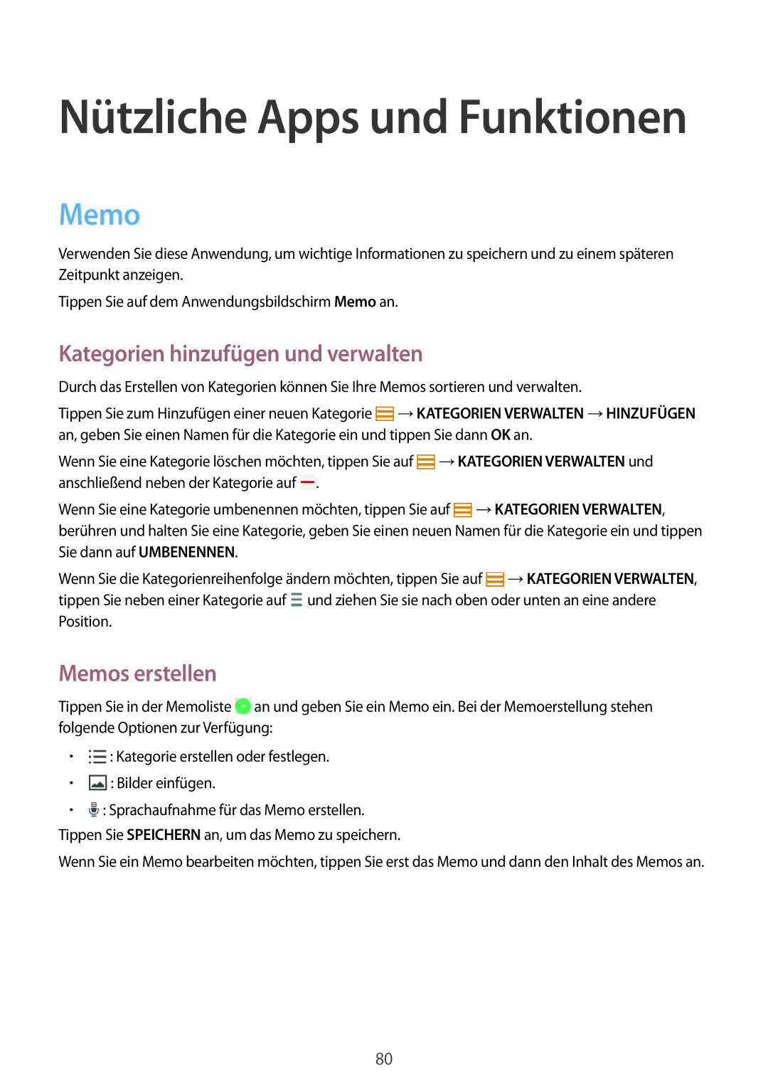 Samsung SM-T365NNGADBT, SM-T365NNGAATO, SM-T365NNGATUR manual Kategorien hinzufügen und verwalten, Memos erstellen 