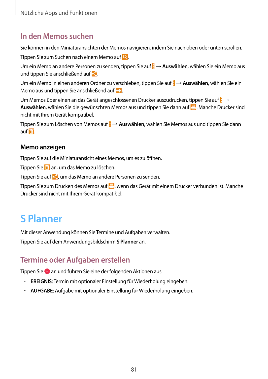Samsung SM-T365NNGASEB, SM-T365NNGAATO manual Planner, Den Memos suchen, Termine oder Aufgaben erstellen, Memo anzeigen 