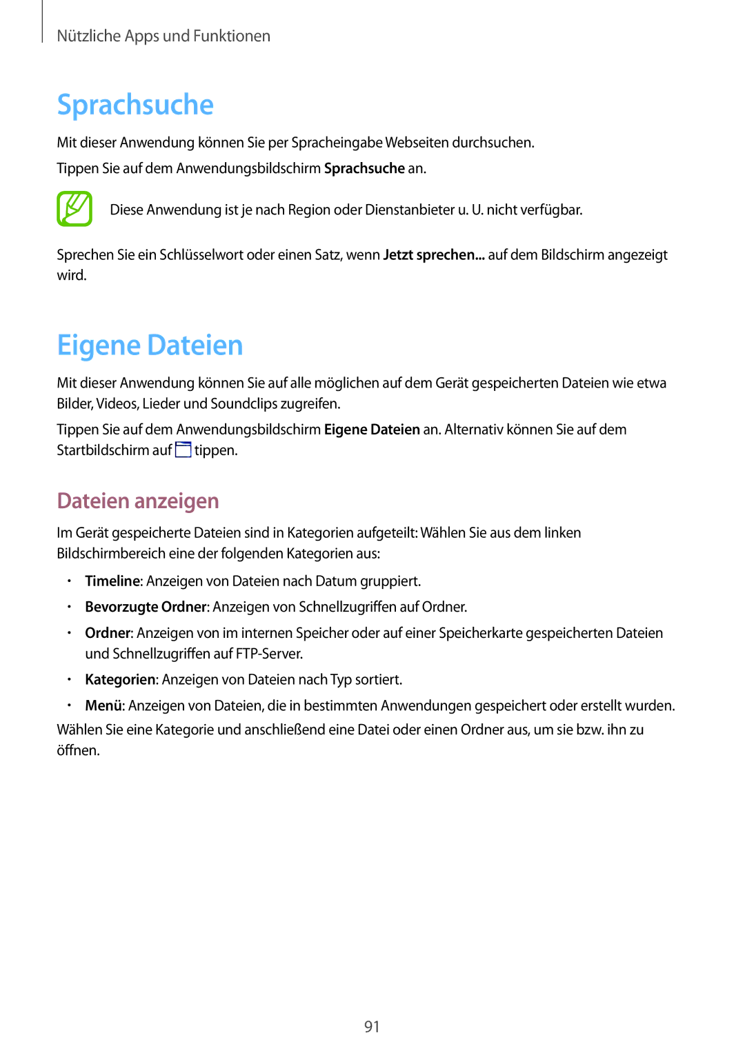 Samsung SM-T365NNGATUR, SM-T365NNGAATO, SM-T365NNGADBT, SM-T365NNGASEB manual Sprachsuche, Eigene Dateien, Dateien anzeigen 