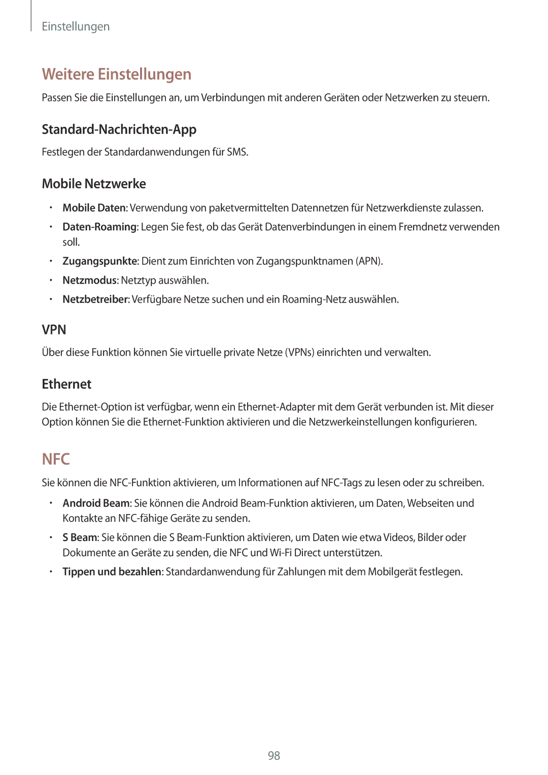 Samsung SM-T365NNGADBT, SM-T365NNGAATO manual Weitere Einstellungen, Standard-Nachrichten-App, Mobile Netzwerke, Ethernet 