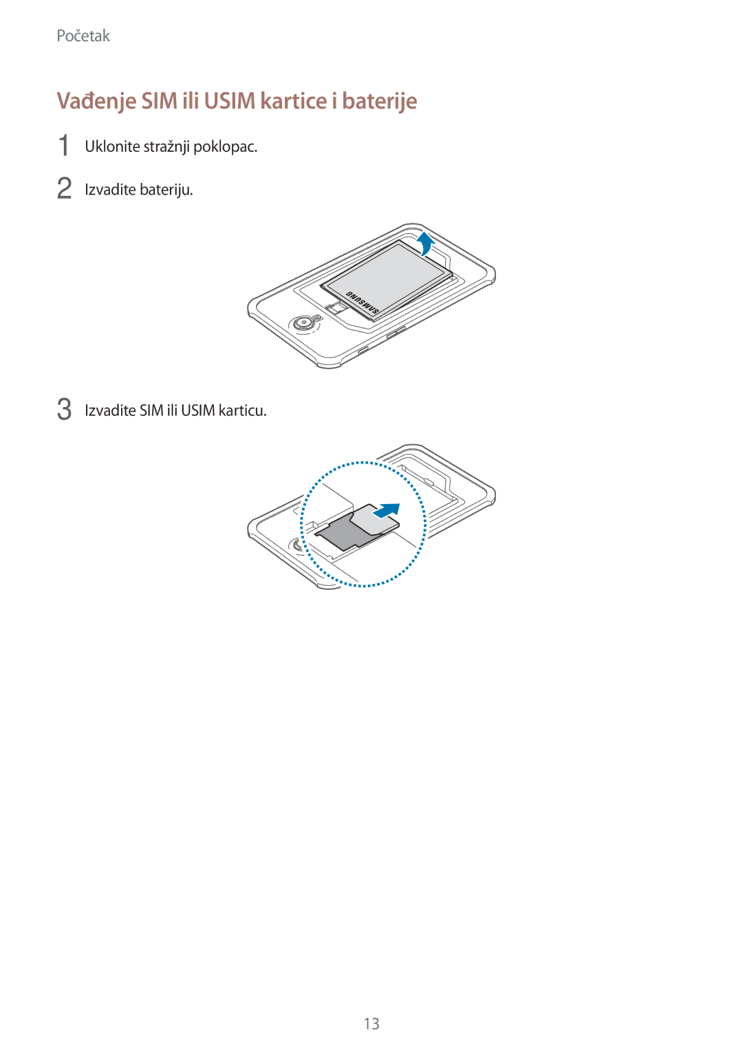 Samsung SM-T365NNGACRO manual Vađenje SIM ili Usim kartice i baterije 