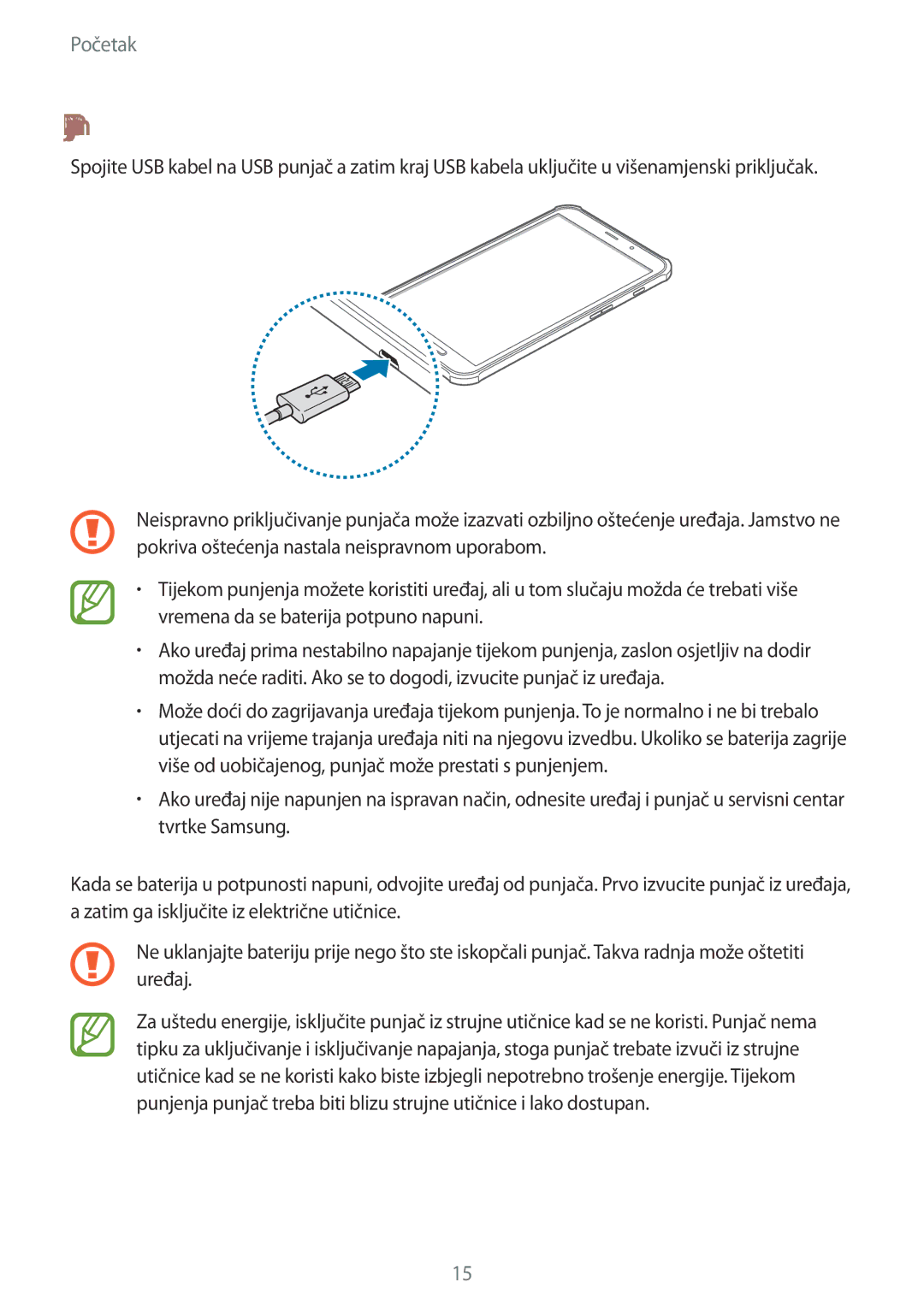 Samsung SM-T365NNGACRO manual Punjenje pomoću punjača 