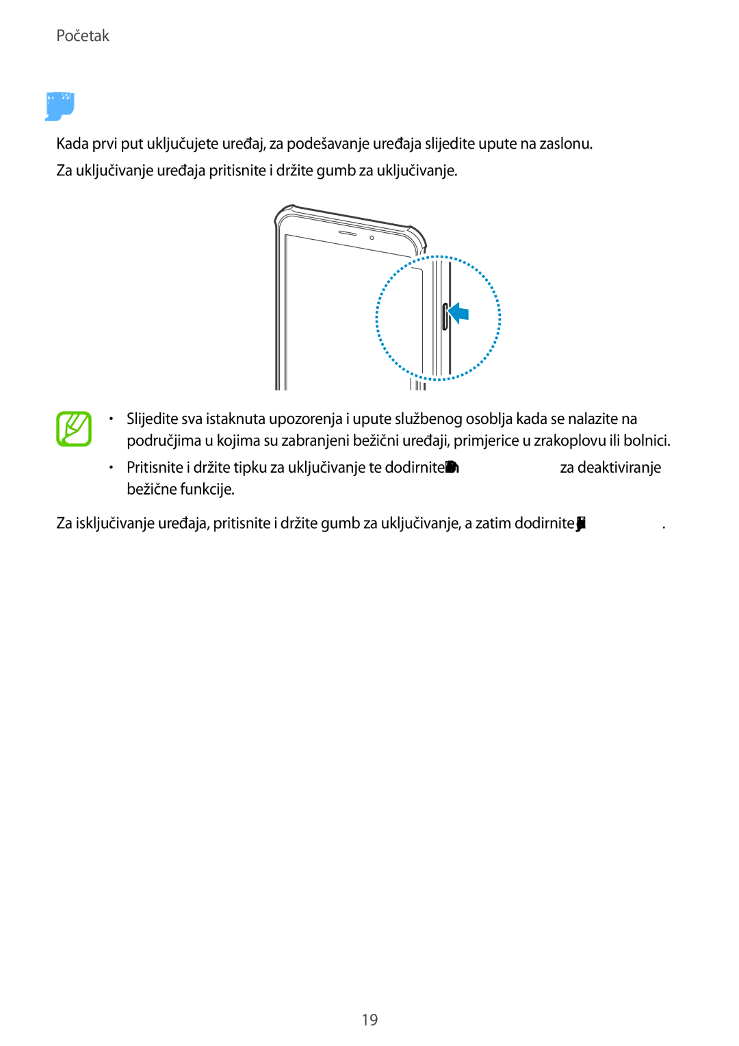 Samsung SM-T365NNGACRO manual Uključivanje i isključivanje uređaja 