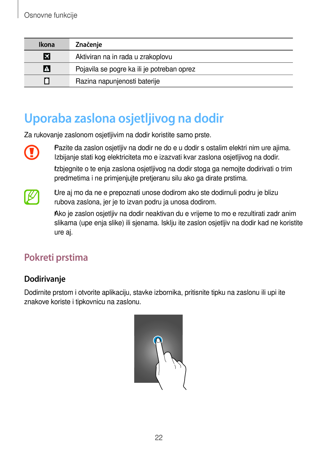 Samsung SM-T365NNGACRO manual Uporaba zaslona osjetljivog na dodir, Pokreti prstima, Dodirivanje 