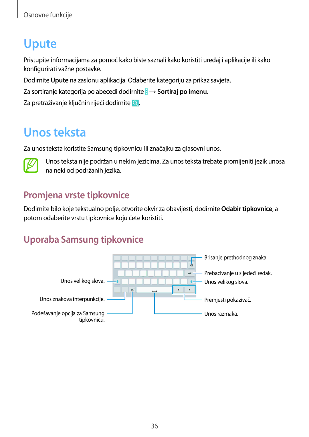 Samsung SM-T365NNGACRO manual Upute, Unos teksta, Promjena vrste tipkovnice 