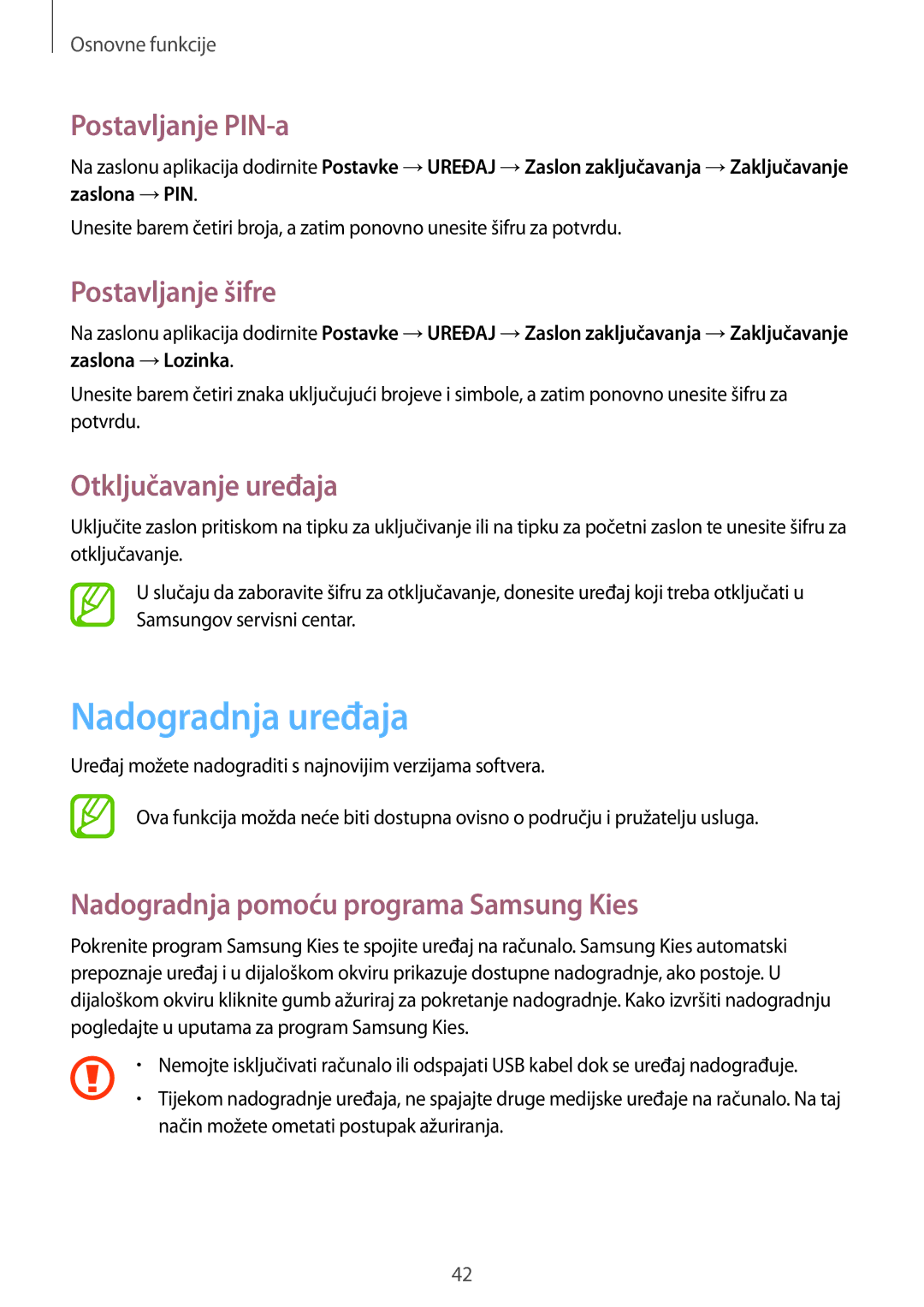 Samsung SM-T365NNGACRO manual Nadogradnja uređaja, Postavljanje PIN-a, Postavljanje šifre, Otključavanje uređaja 