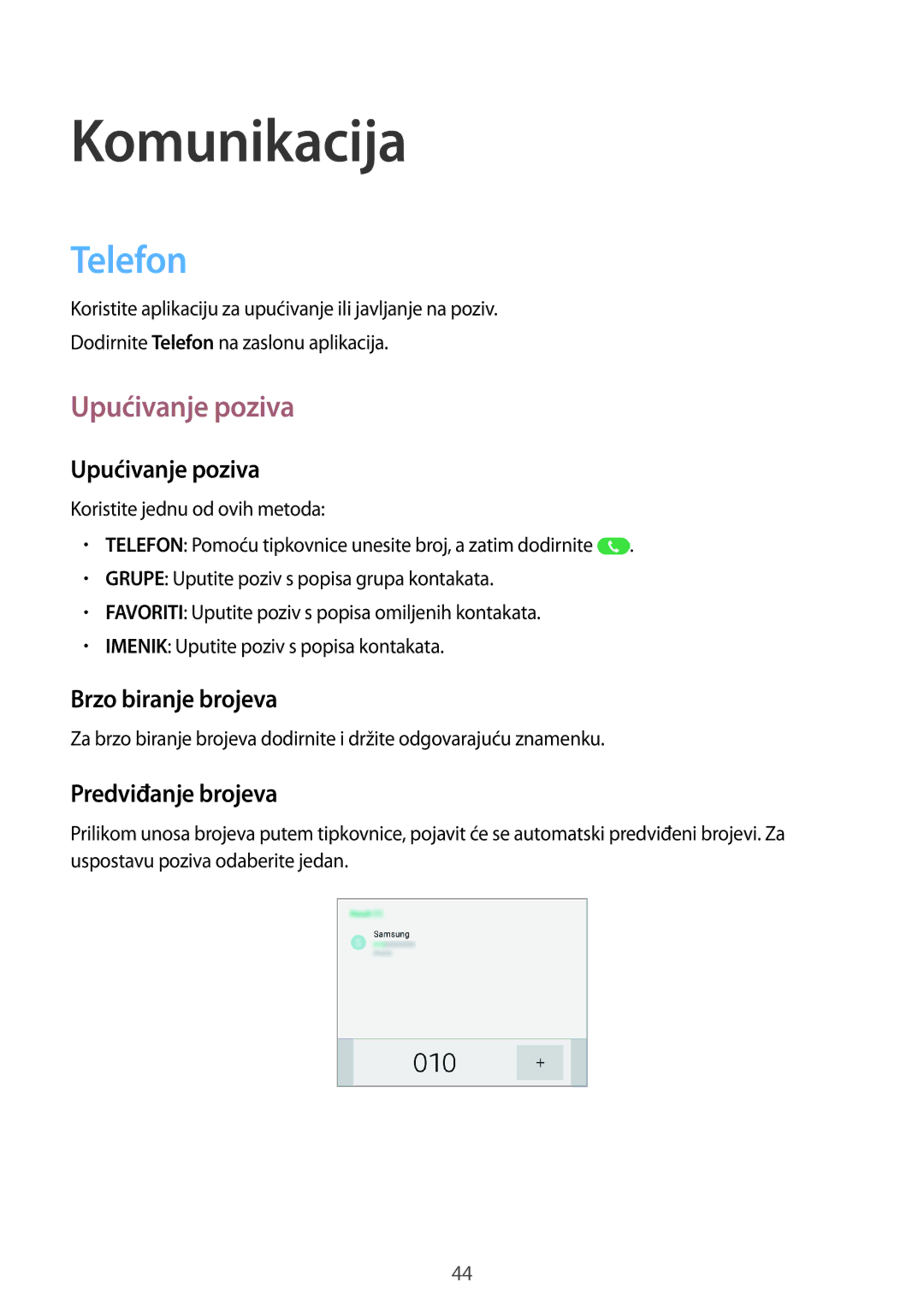 Samsung SM-T365NNGACRO manual Komunikacija, Telefon, Upućivanje poziva 