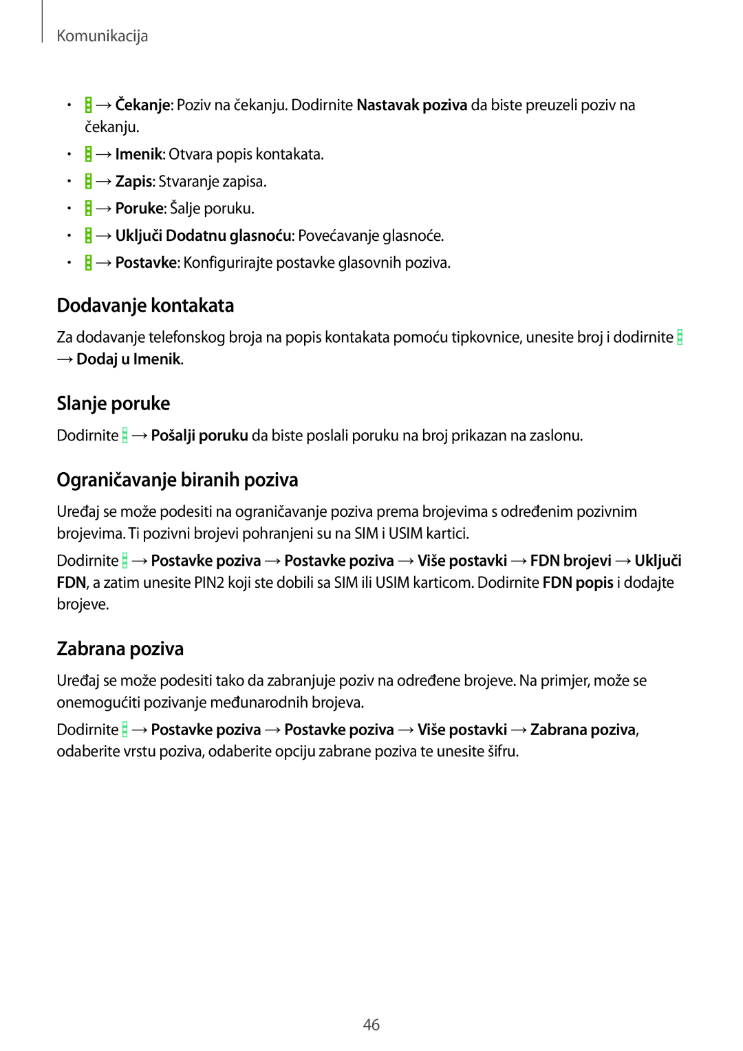 Samsung SM-T365NNGACRO Dodavanje kontakata, Slanje poruke, Ograničavanje biranih poziva, Zabrana poziva, → Dodaj u Imenik 