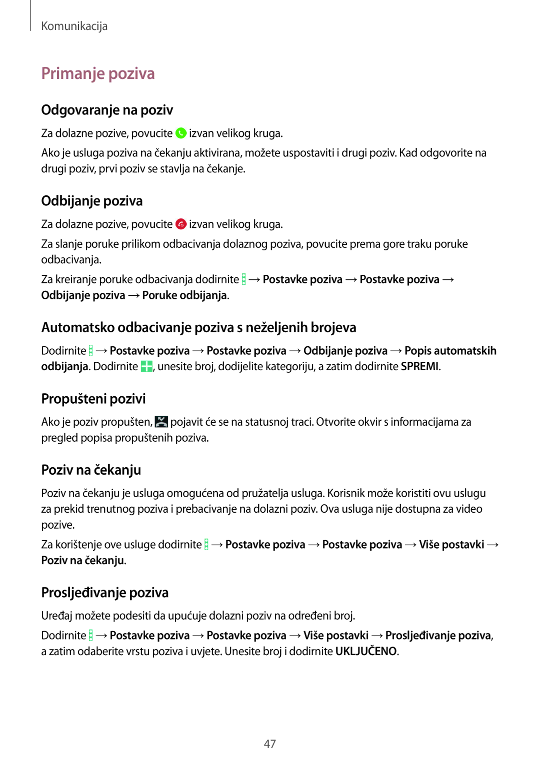 Samsung SM-T365NNGACRO manual Primanje poziva 