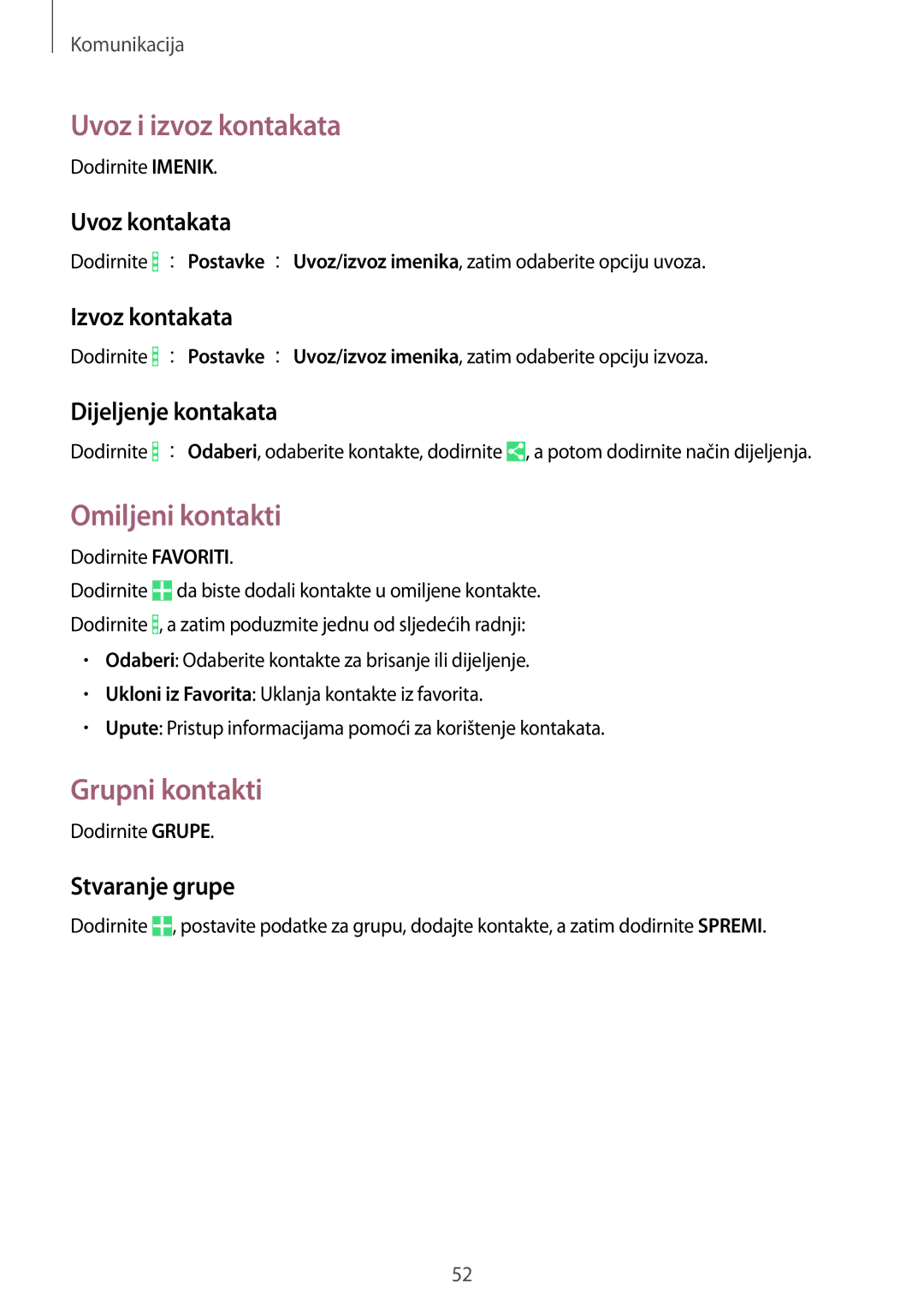 Samsung SM-T365NNGACRO manual Uvoz i izvoz kontakata, Omiljeni kontakti, Grupni kontakti 