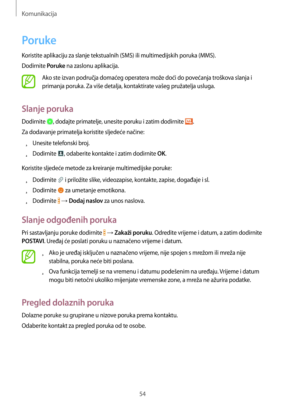 Samsung SM-T365NNGACRO manual Poruke, Slanje poruka, Slanje odgođenih poruka, Pregled dolaznih poruka 