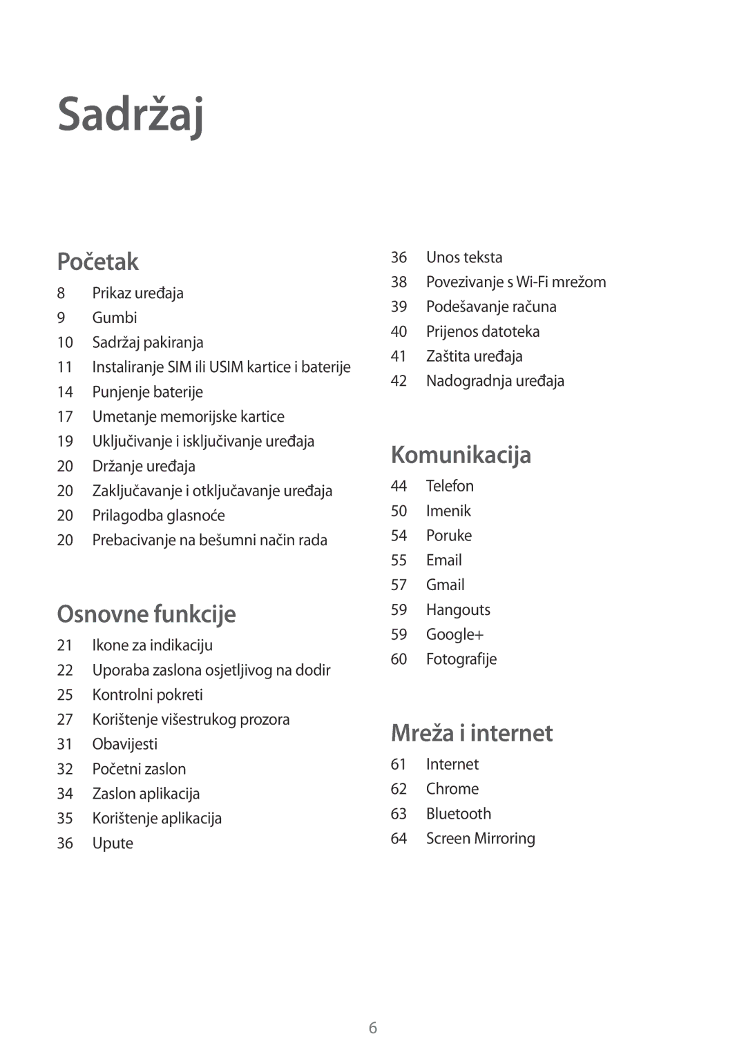 Samsung SM-T365NNGACRO manual Sadržaj, Početak 