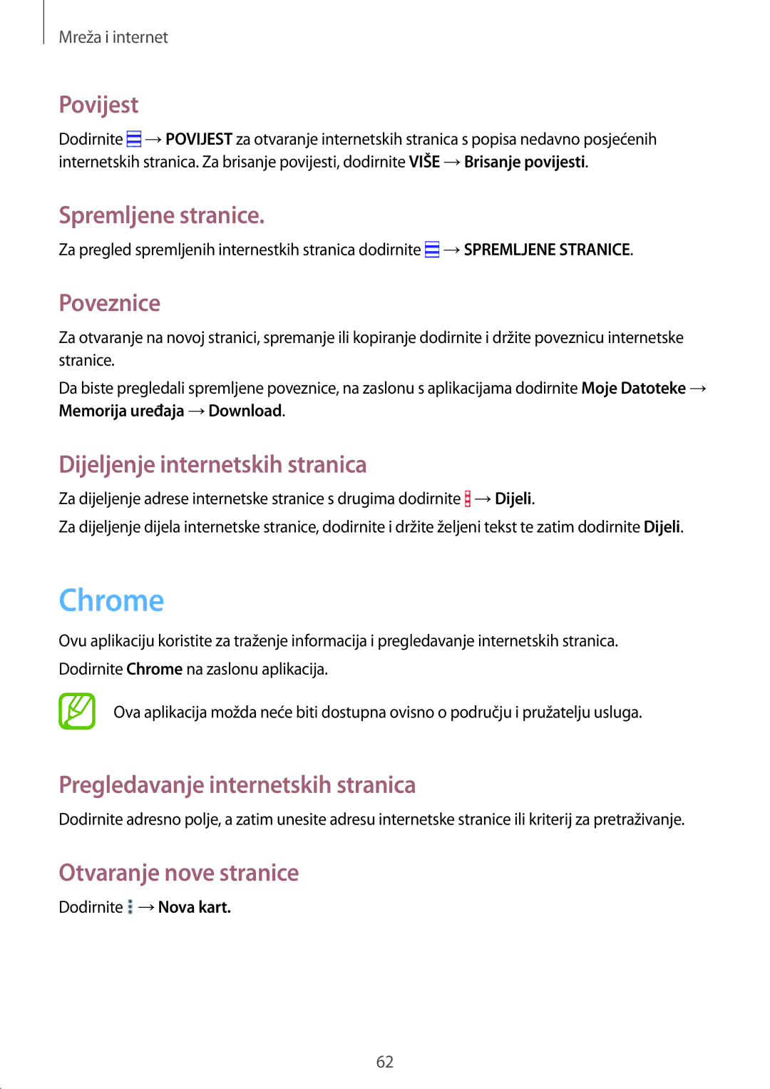 Samsung SM-T365NNGACRO manual Chrome, Povijest, Spremljene stranice, Poveznice, Dijeljenje internetskih stranica 