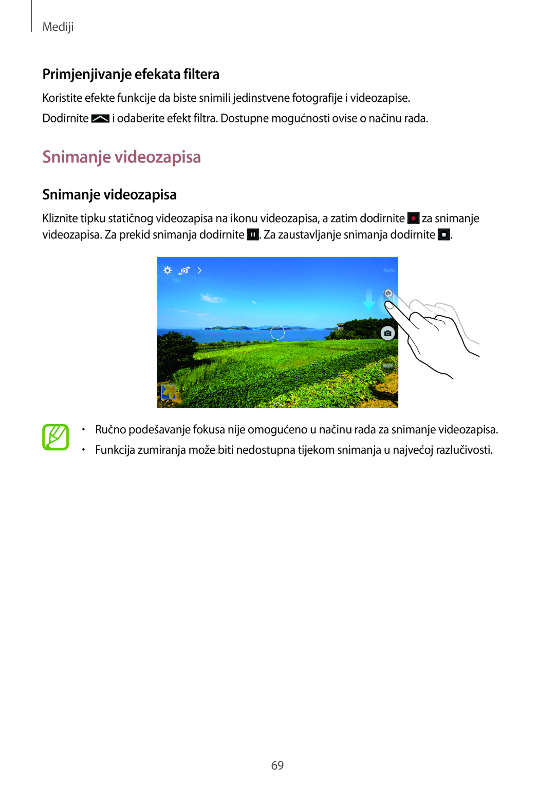 Samsung SM-T365NNGACRO manual Snimanje videozapisa, Primjenjivanje efekata filtera 