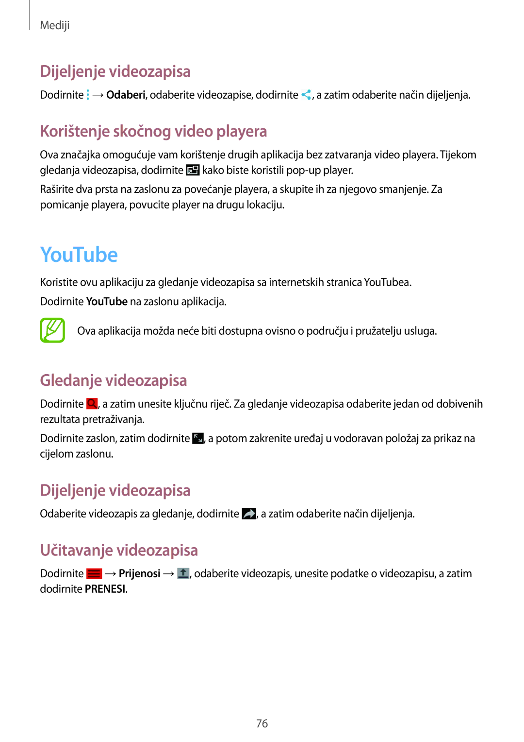 Samsung SM-T365NNGACRO manual YouTube, Dijeljenje videozapisa, Korištenje skočnog video playera, Gledanje videozapisa 