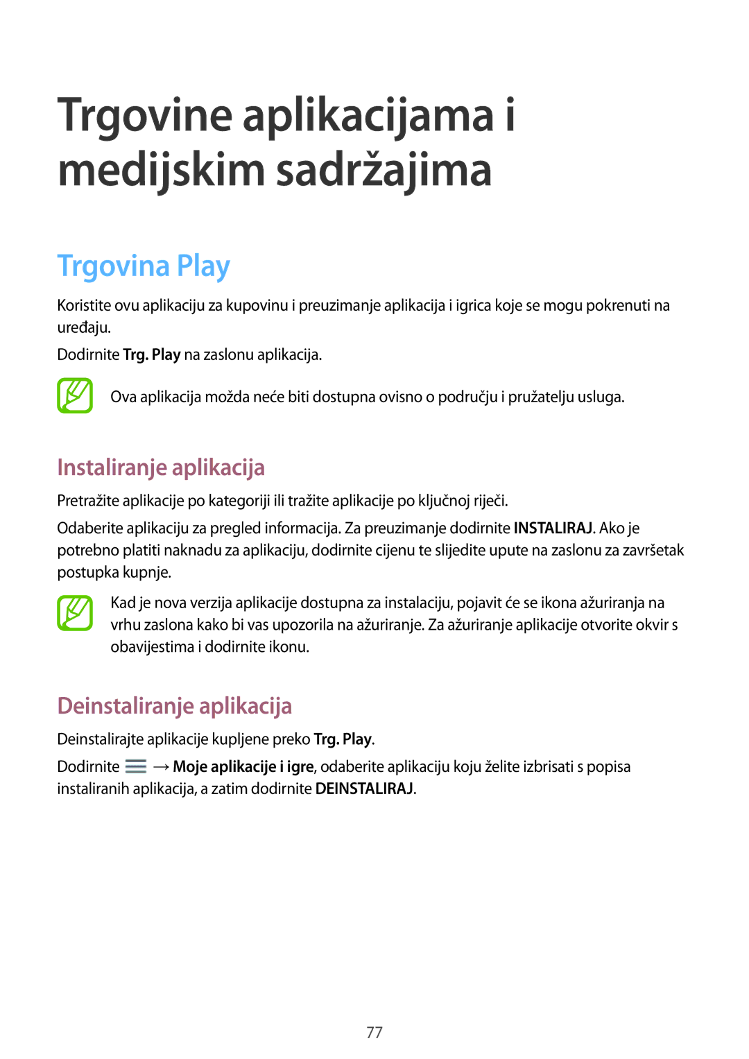 Samsung SM-T365NNGACRO manual Trgovine aplikacijama i medijskim sadržajima, Trgovina Play 