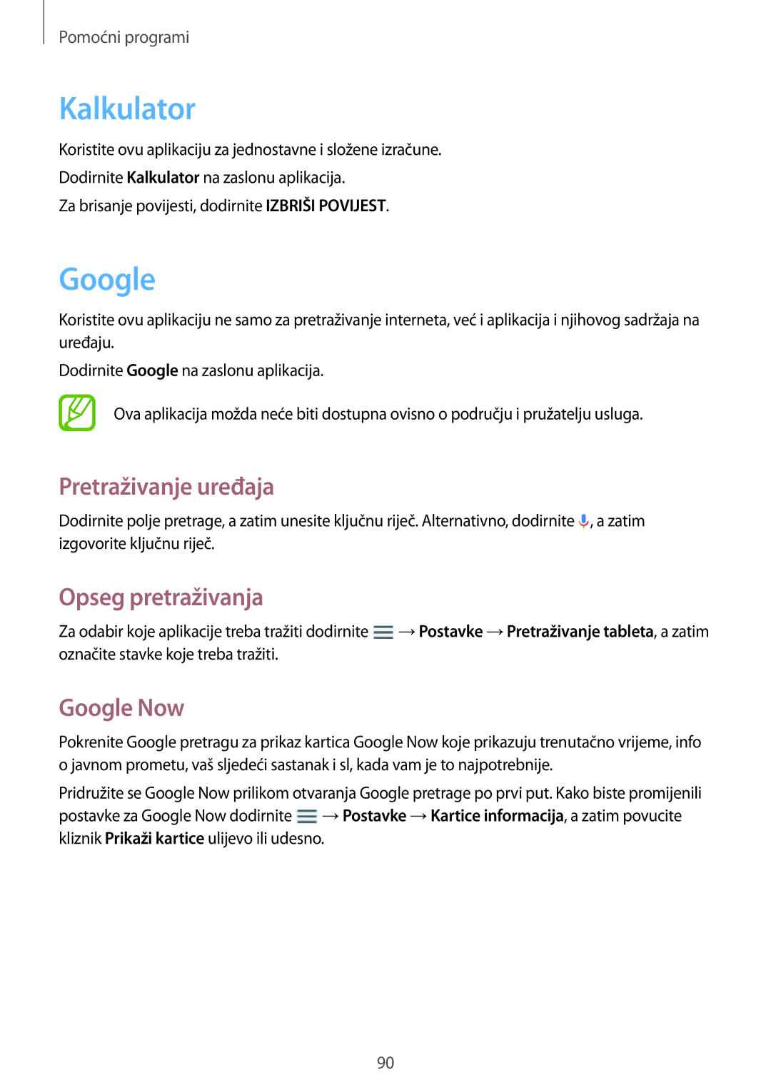 Samsung SM-T365NNGACRO manual Kalkulator, Pretraživanje uređaja, Opseg pretraživanja, Google Now 