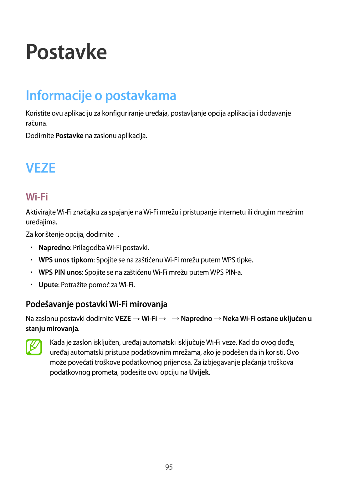 Samsung SM-T365NNGACRO manual Postavke, Informacije o postavkama, Podešavanje postavki Wi-Fi mirovanja 