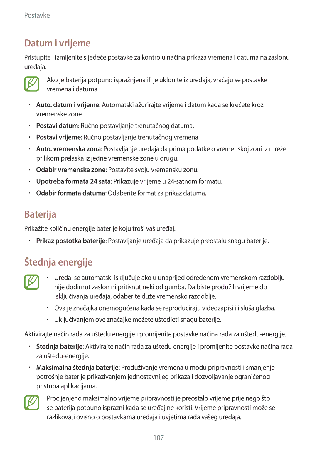 Samsung SM-T365NNGACRO manual Datum i vrijeme, Baterija, Štednja energije 