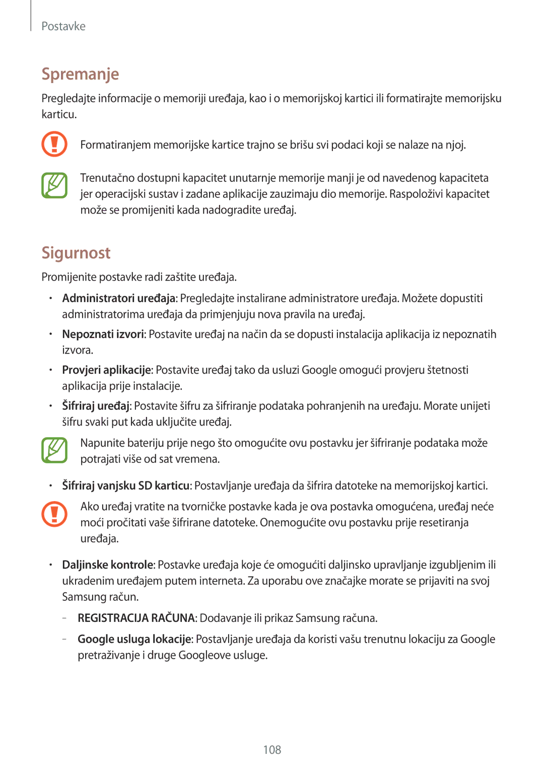 Samsung SM-T365NNGACRO manual Spremanje, Sigurnost 