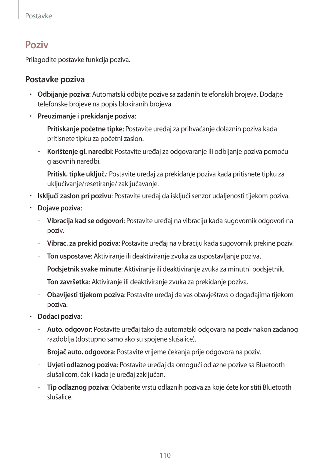 Samsung SM-T365NNGACRO manual Poziv, Postavke poziva, Dojave poziva, Dodaci poziva 