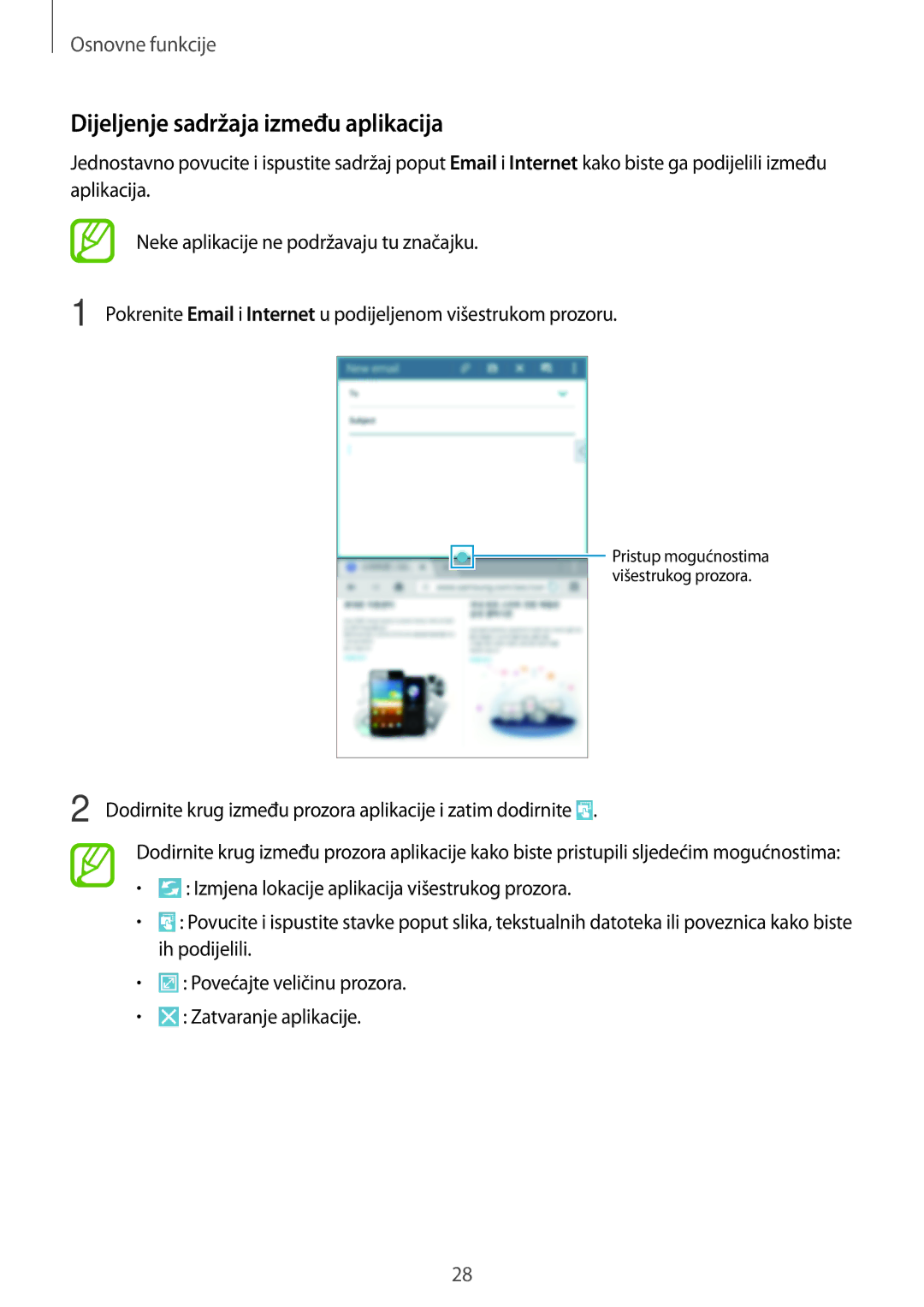 Samsung SM-T365NNGACRO manual Dijeljenje sadržaja između aplikacija 