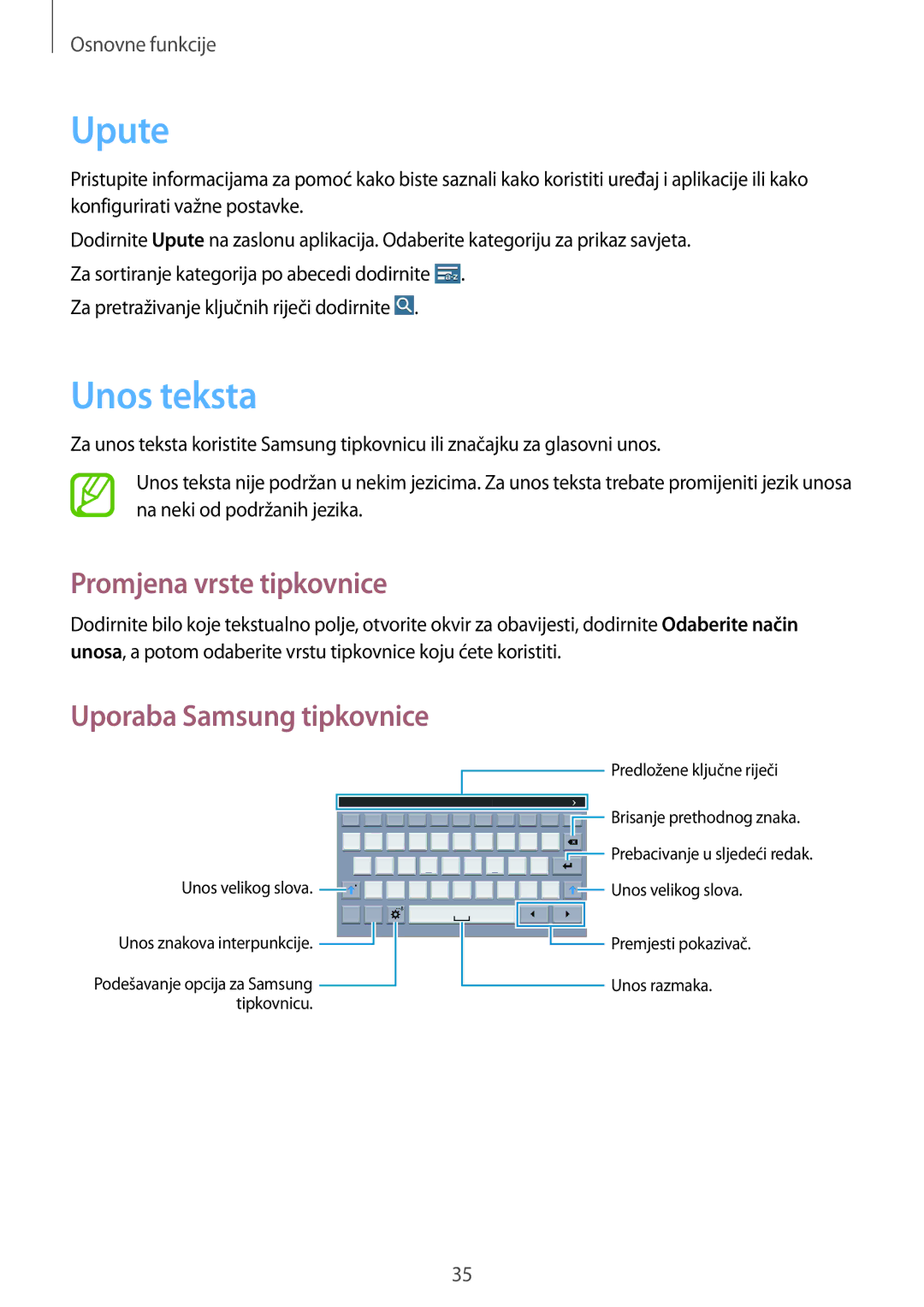 Samsung SM-T365NNGACRO manual Upute, Unos teksta, Promjena vrste tipkovnice 