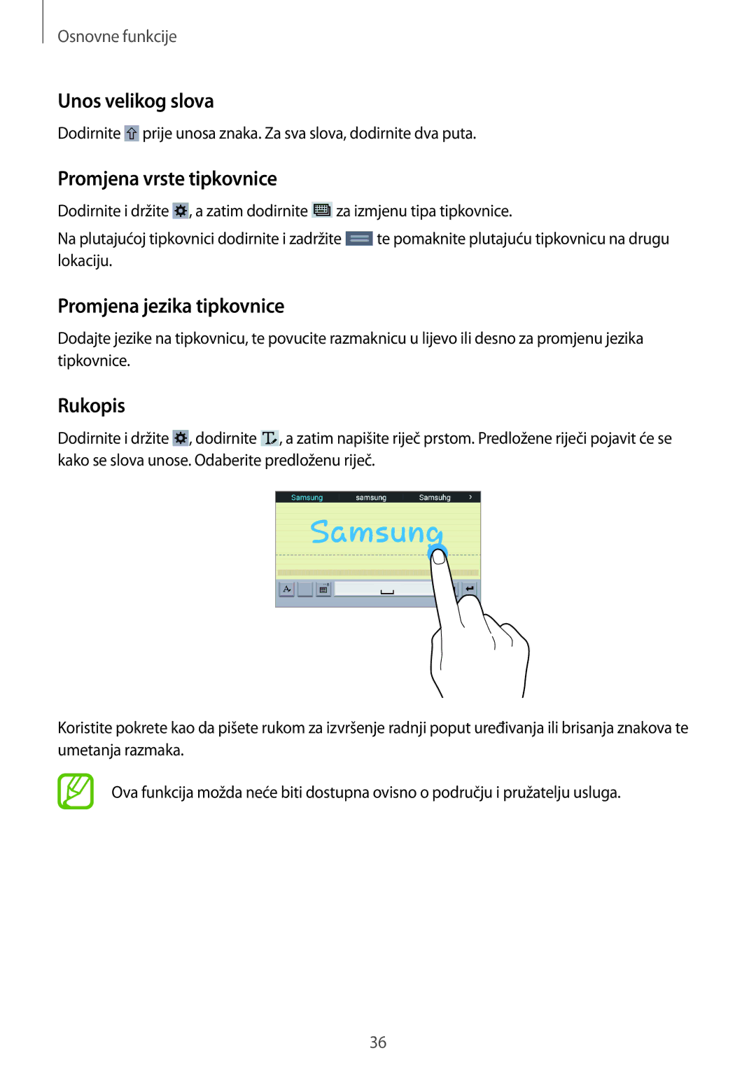 Samsung SM-T365NNGACRO manual Unos velikog slova, Promjena vrste tipkovnice, Promjena jezika tipkovnice, Rukopis 