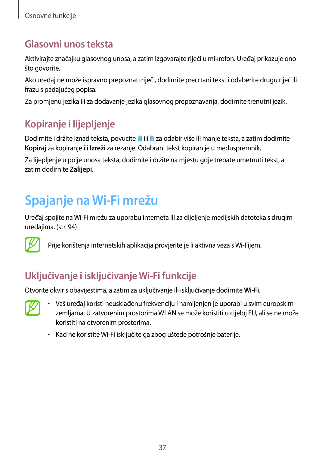 Samsung SM-T365NNGACRO manual Spajanje na Wi-Fi mrežu, Glasovni unos teksta, Kopiranje i lijepljenje 