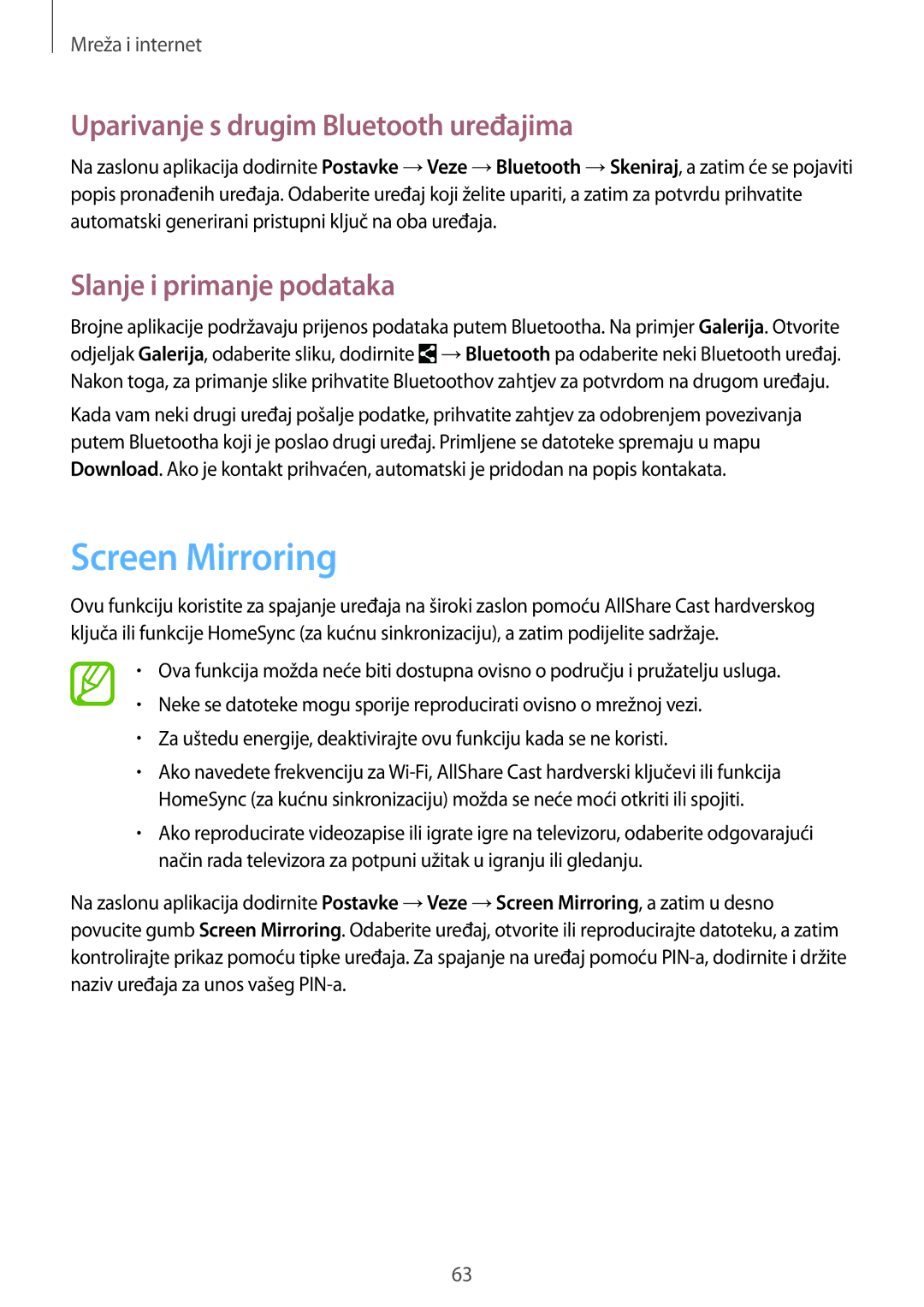 Samsung SM-T365NNGACRO manual Screen Mirroring, Uparivanje s drugim Bluetooth uređajima, Slanje i primanje podataka 