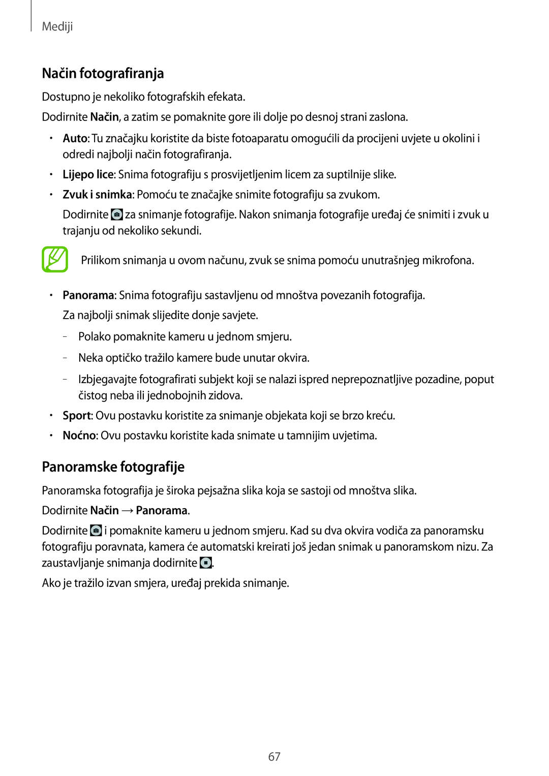 Samsung SM-T365NNGACRO manual Način fotografiranja, Panoramske fotografije, Dodirnite Način →Panorama 