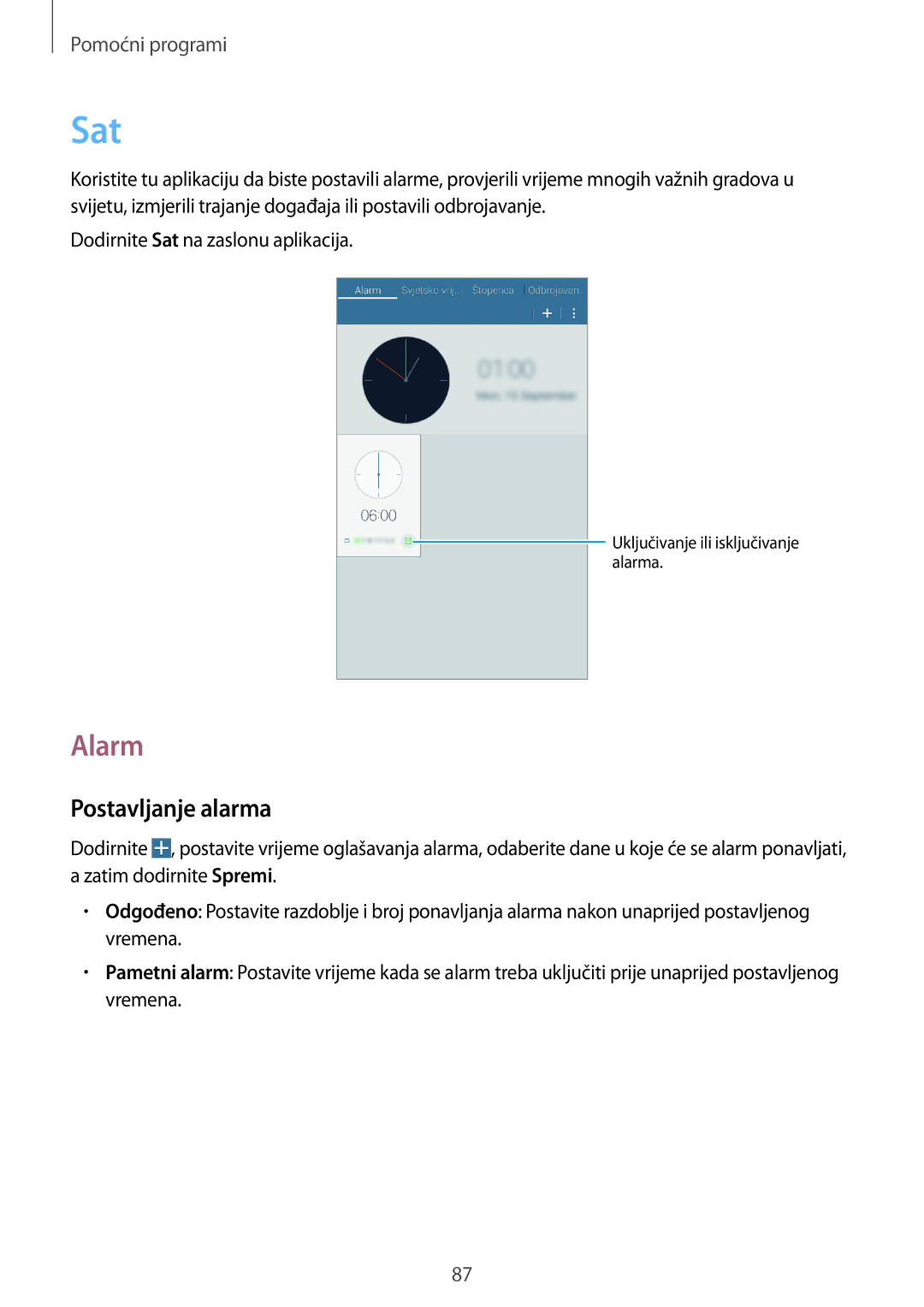 Samsung SM-T365NNGACRO manual Sat, Alarm, Postavljanje alarma 