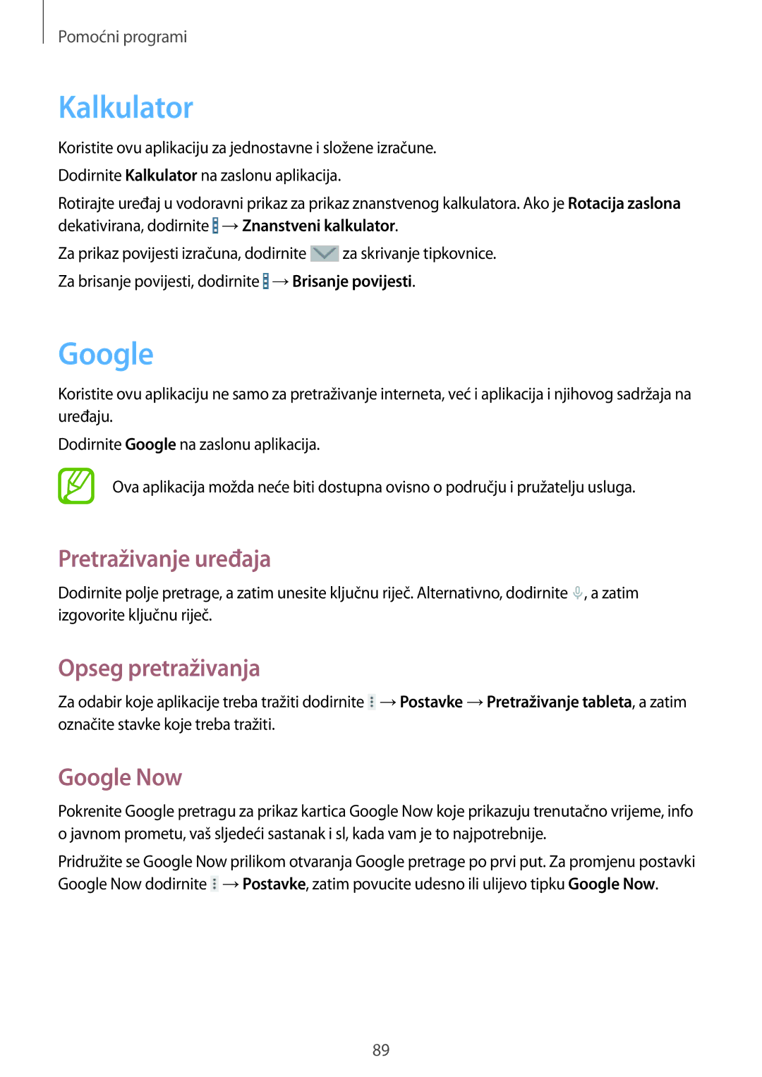 Samsung SM-T365NNGACRO manual Kalkulator, Pretraživanje uređaja, Opseg pretraživanja, Google Now 
