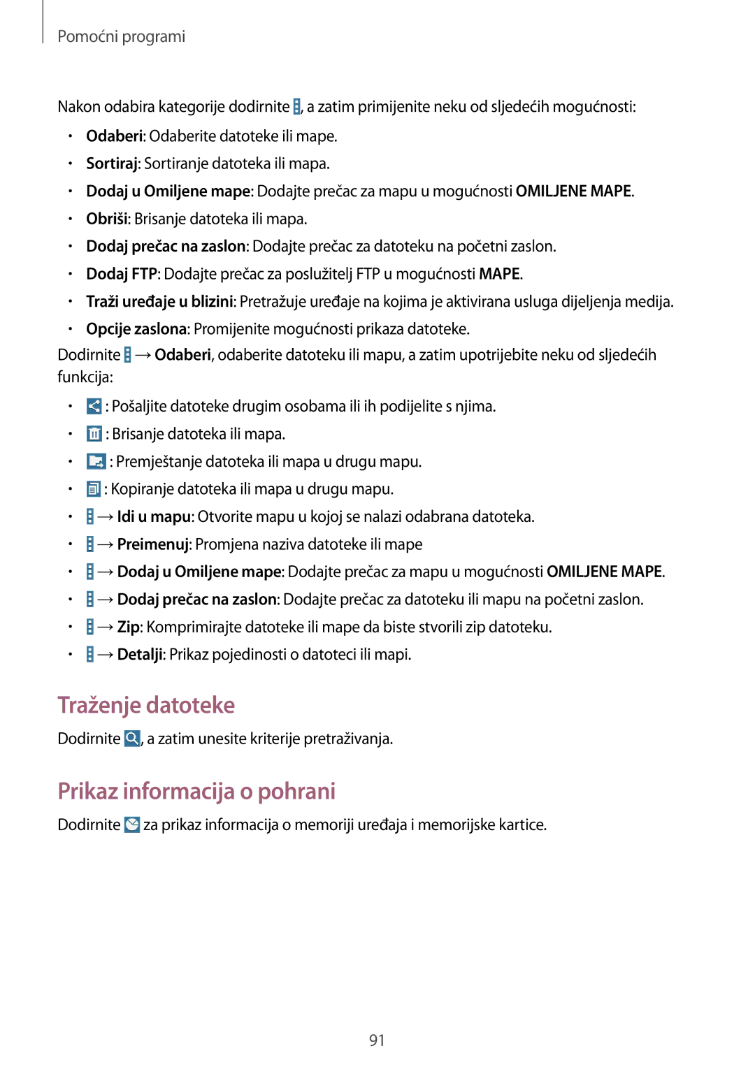 Samsung SM-T365NNGACRO manual Traženje datoteke, Prikaz informacija o pohrani 