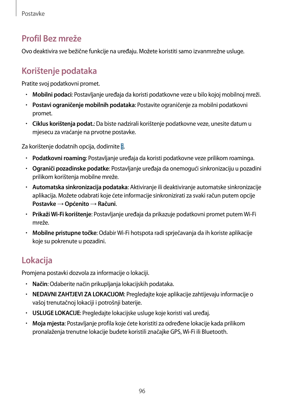 Samsung SM-T365NNGACRO manual Profil Bez mreže, Korištenje podataka, Lokacija 