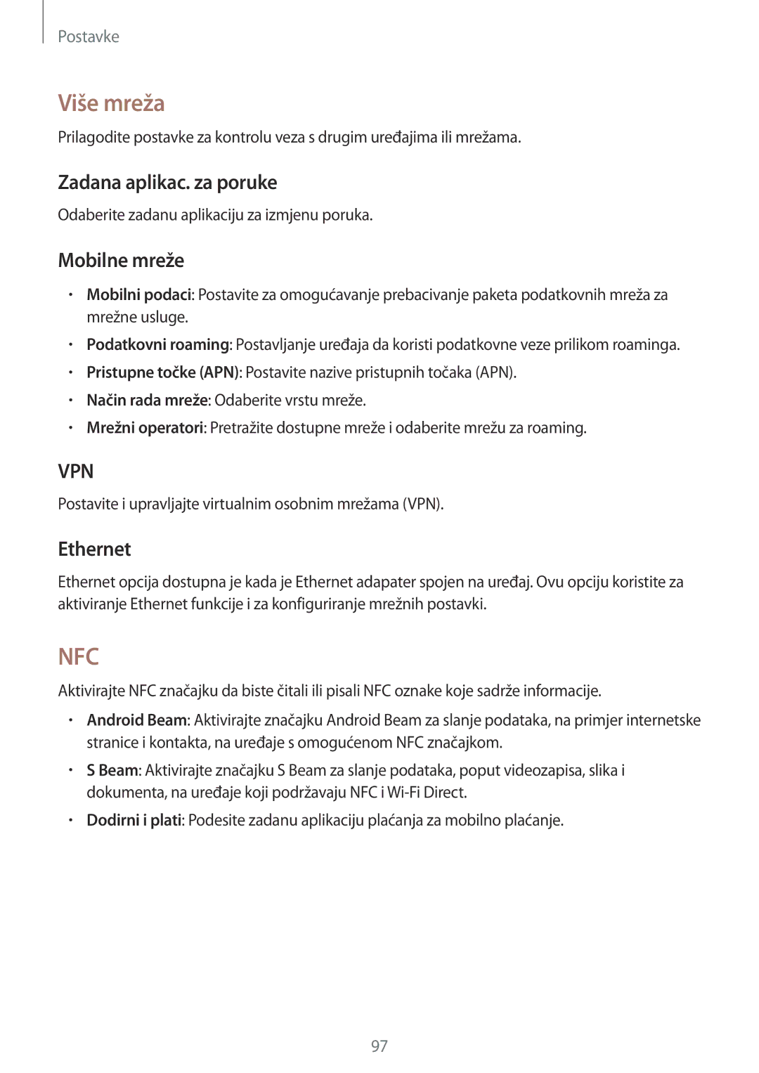 Samsung SM-T365NNGACRO manual Više mreža, Zadana aplikac. za poruke, Mobilne mreže, Ethernet 