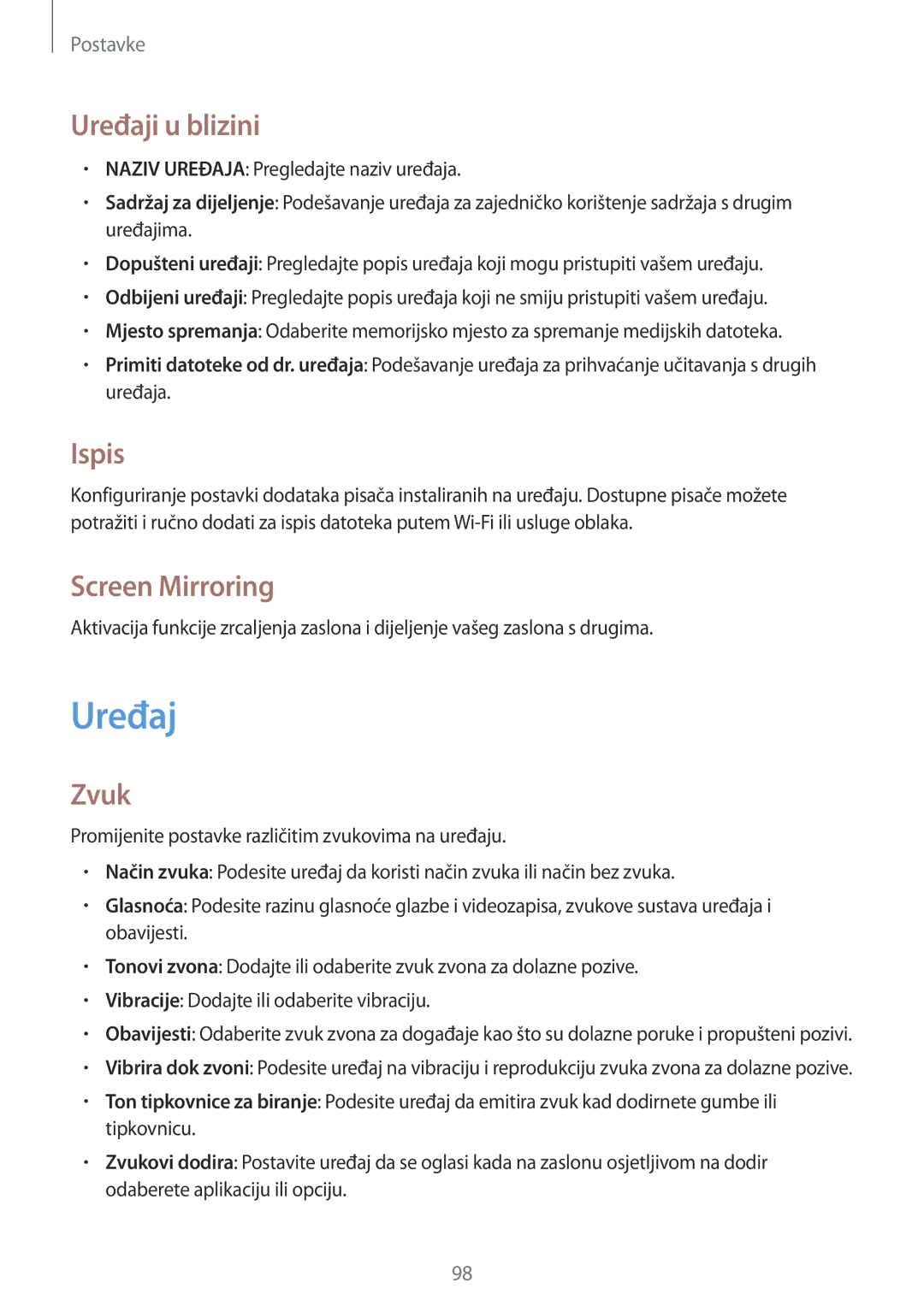 Samsung SM-T365NNGACRO manual Uređaji u blizini, Ispis, Screen Mirroring, Zvuk 