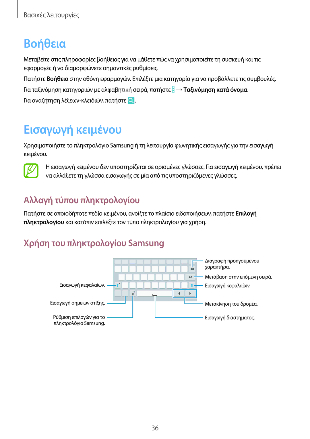 Samsung SM-T365NNGAEUR manual Βοήθεια, Εισαγωγή κειμένου, Αλλαγή τύπου πληκτρολογίου, Χρήση του πληκτρολογίου Samsung 