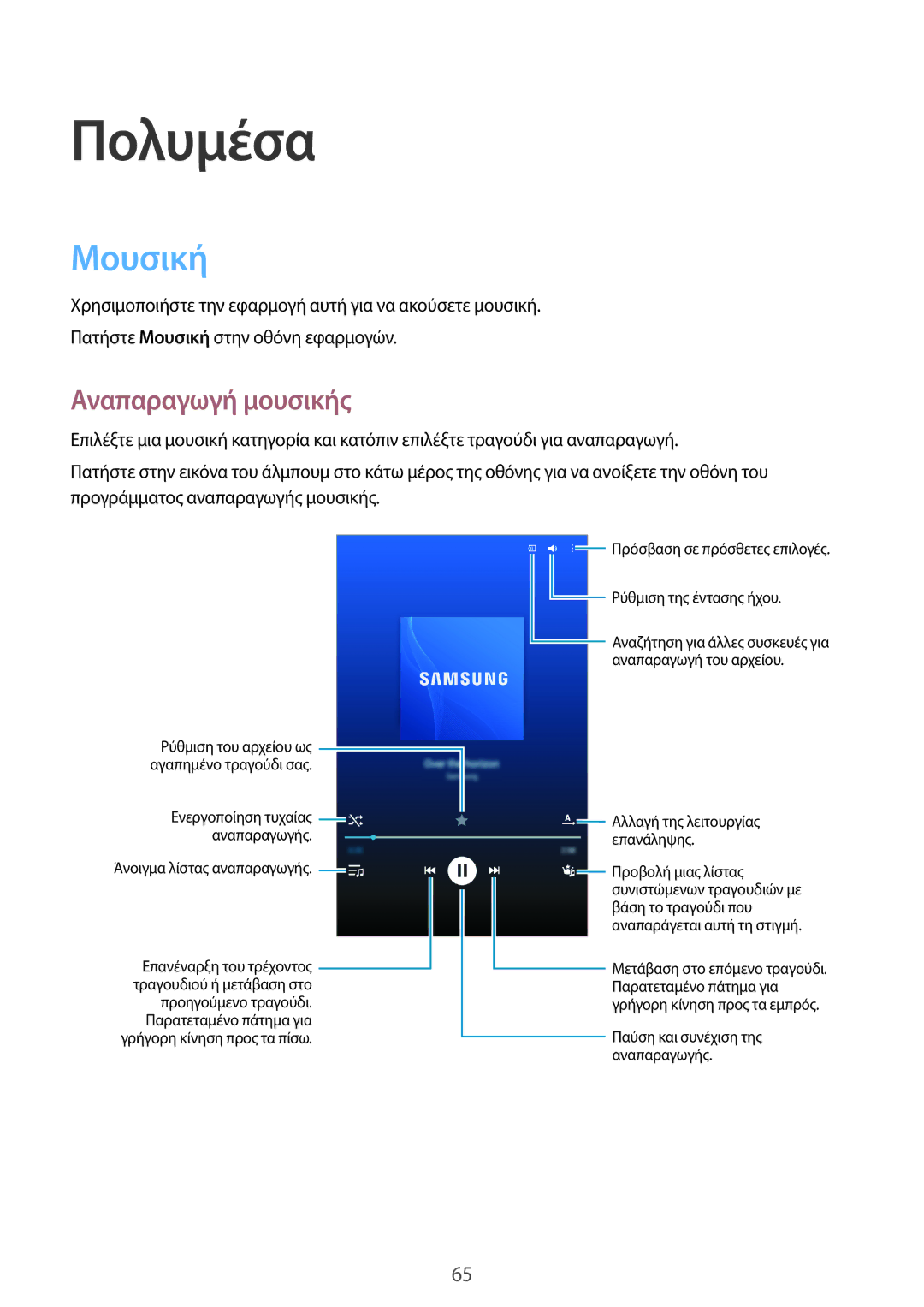 Samsung SM-T365NNGAEUR manual Πολυμέσα, Μουσική, Αναπαραγωγή μουσικής 