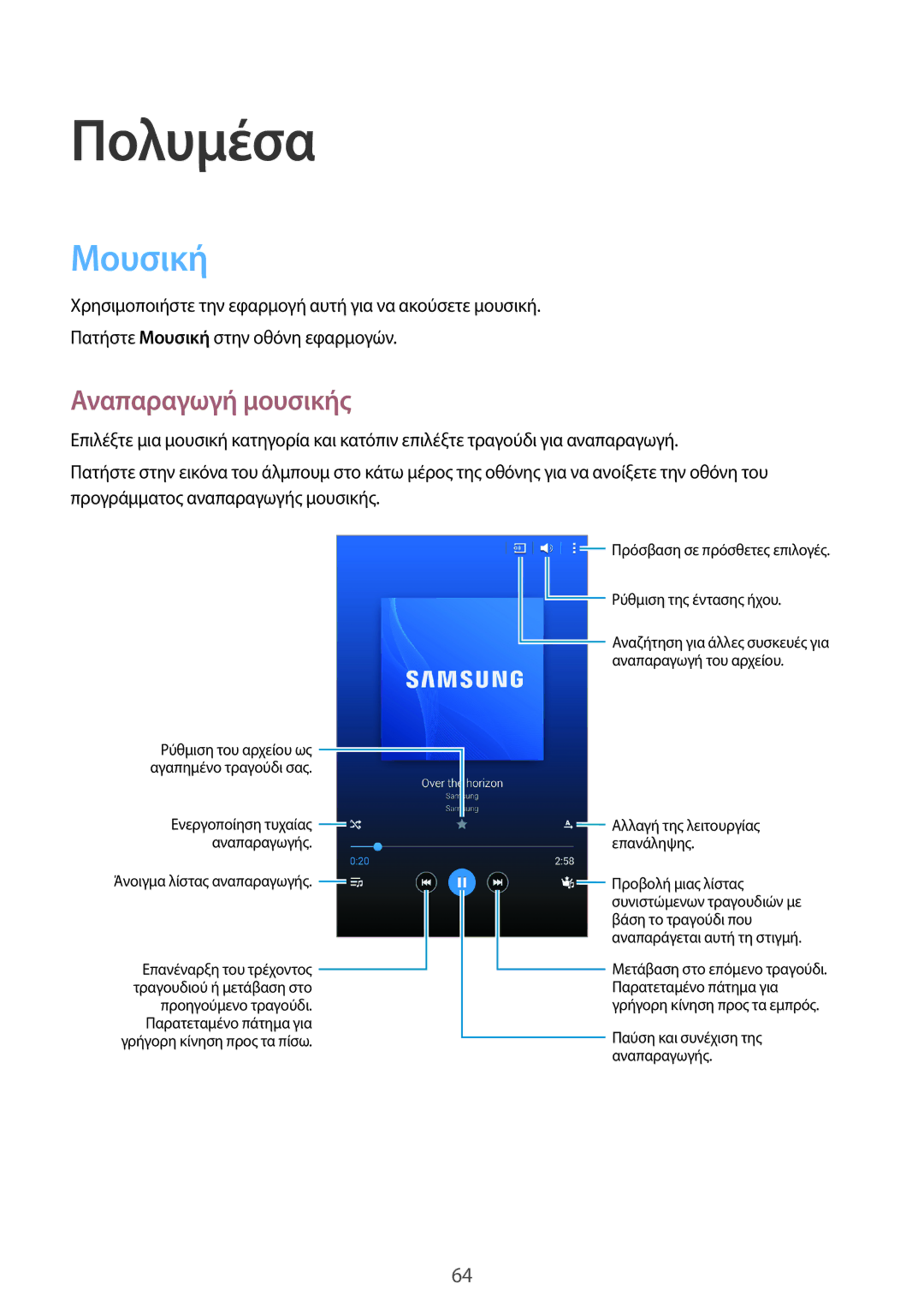 Samsung SM-T365NNGAEUR manual Πολυμέσα, Μουσική, Αναπαραγωγή μουσικής 