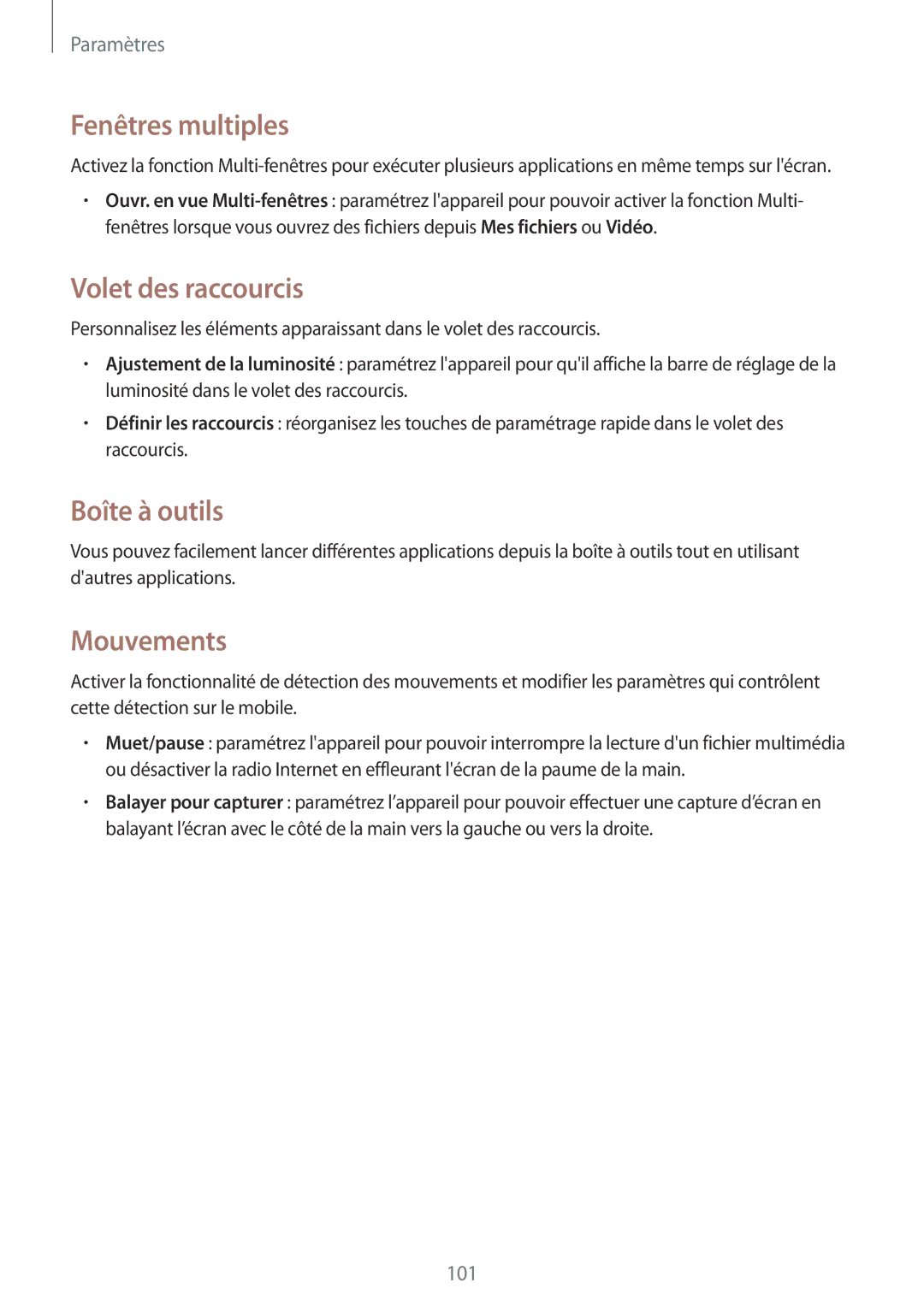 Samsung SM-T365NNGAXEF, SM-T365NNGAFTM manual Fenêtres multiples, Volet des raccourcis, Boîte à outils 