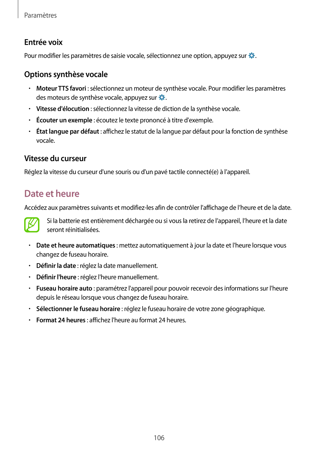 Samsung SM-T365NNGAFTM, SM-T365NNGAXEF manual Date et heure, Entrée voix, Options synthèse vocale, Vitesse du curseur 