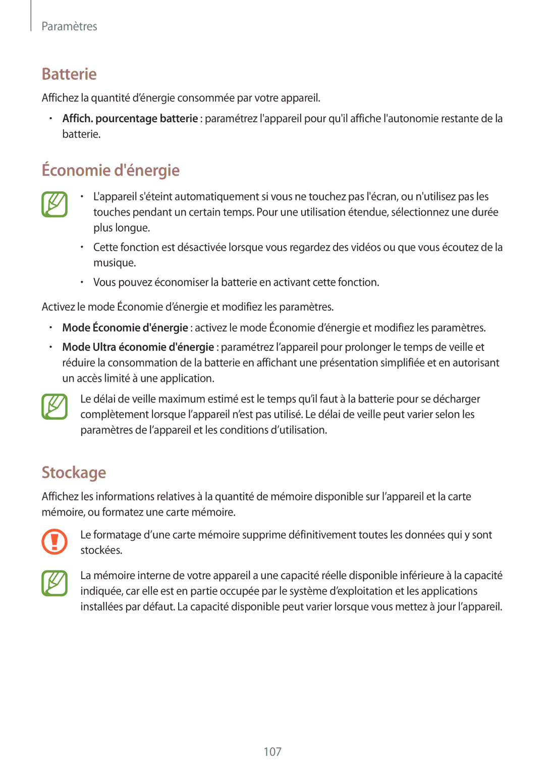 Samsung SM-T365NNGAXEF, SM-T365NNGAFTM manual Batterie, Économie dénergie, Stockage 